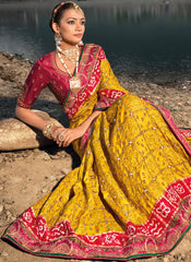 Traditional Mustard Yellow and Red Pure Gaji Banghej Saree in Georgette Satin