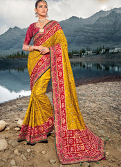 Traditional Mustard Yellow and Red Pure Gaji Banghej Saree in Georgette Satin