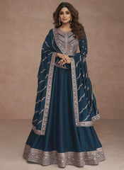 Teal Blue Embroidered Festive Anarkali Gown Starring Shamita Shetty