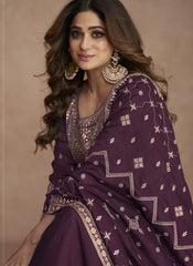 Dark Purple Embroidered Festive Anarkali Gown Starring Shamita Shetty