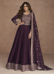 Dark Purple Embroidered Festive Anarkali Gown Starring Shamita Shetty