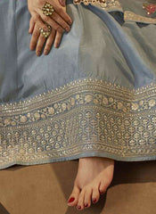 Prachi Desai Silver Dola Silk Embroidery Anarkali Semistitched Suit