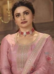 Prachi Desai Baby Pink Dola Silk Embroidery Anarkali Semistitched Suit