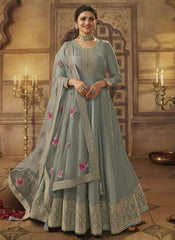 Prachi Desai Light Grey Dola Silk Embroidery Anarkali Semistitched Suit