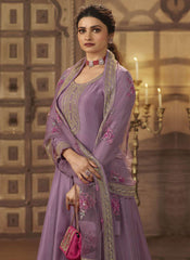 Prachi Desai Light Lavender Dola Silk Embroidery Anarkali Semistitched Suit