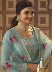 Prachi Desai Sky Blue Dola Silk Embroidery Anarkali Semistitched Suit