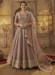 Prachi Desai Light Mauve Dola Silk Embroidery Anarkali Semistitched Suit