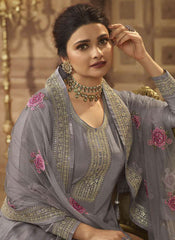 Prachi Desai Grey Dola Silk Embroidery Anarkali Semistitched Suit