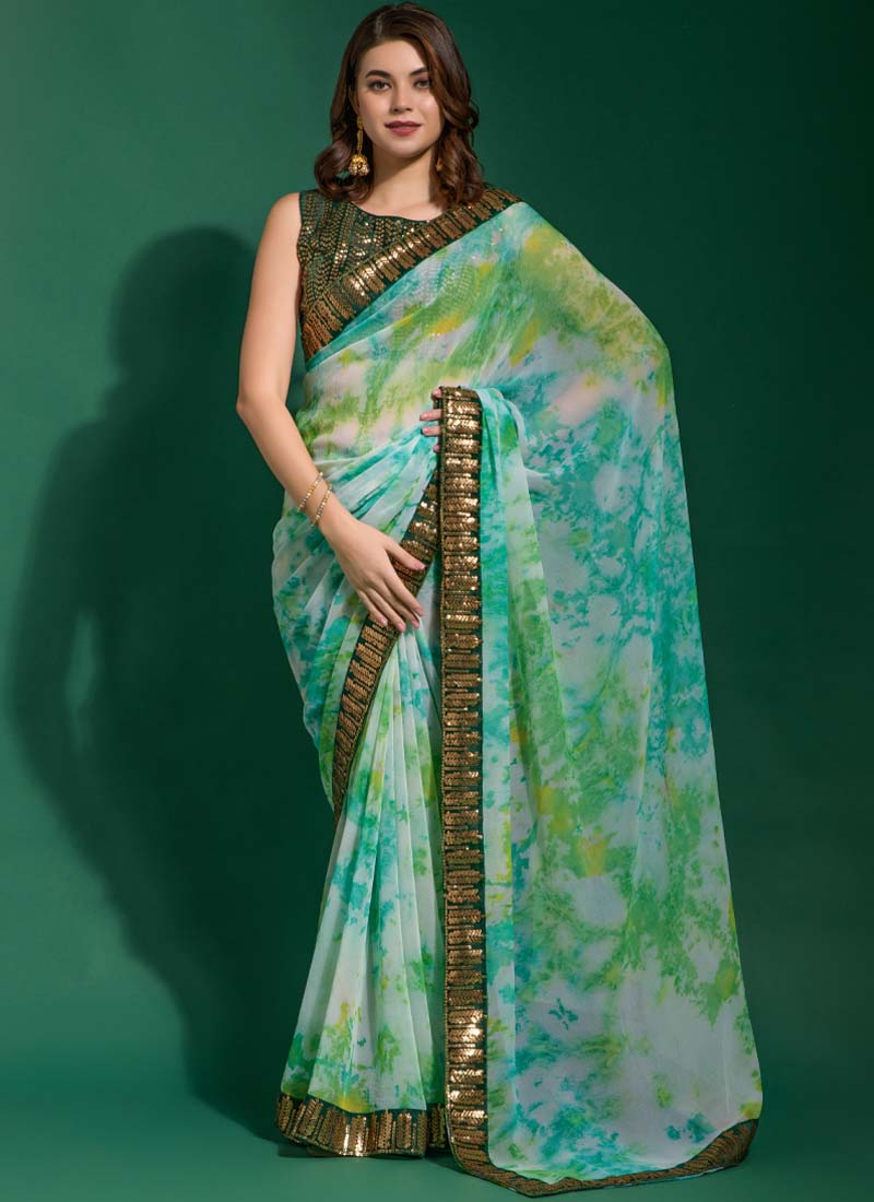 Attarctive Blue , Green and Black Chiffon Printed Party Wear Saree - nirshaa