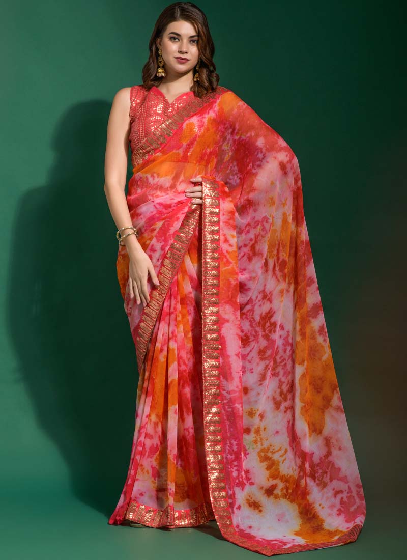 Charming Pink and Orange Printed Chiffon Party Wear Saree - nirshaa