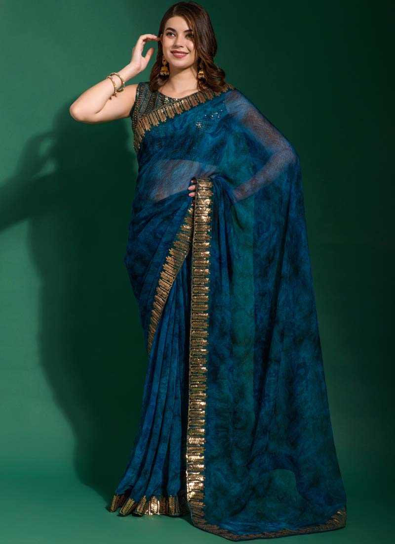 Dinvine Blue Printed Chiffon Party Wear Saree - nirshaa