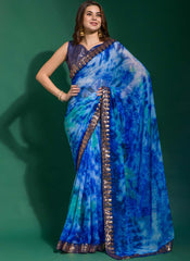 Lovely Blue Chiffon Printed Party Wear Saree - nirshaa
