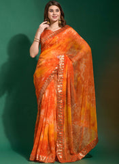 Beautiful Orange Chiffon Printed Party Wear Saree - nirshaa