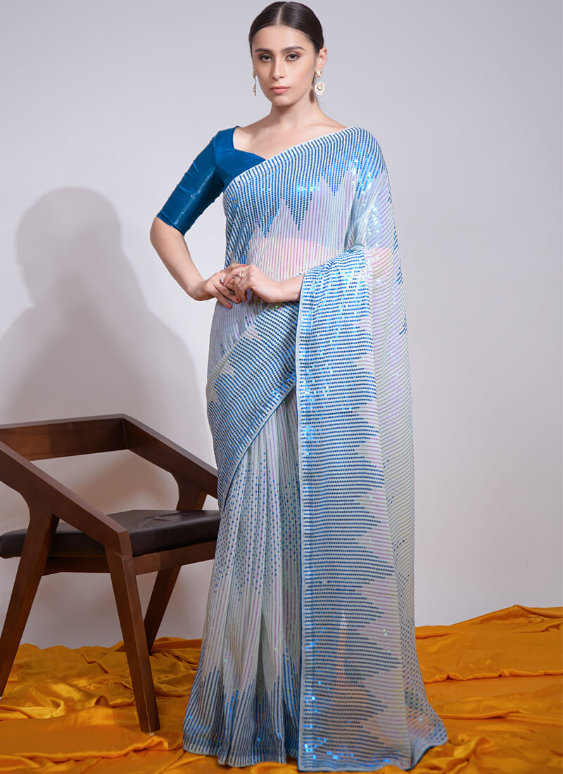 Firozi and White Sequins Gerogette Party Wear Saree - nirshaa