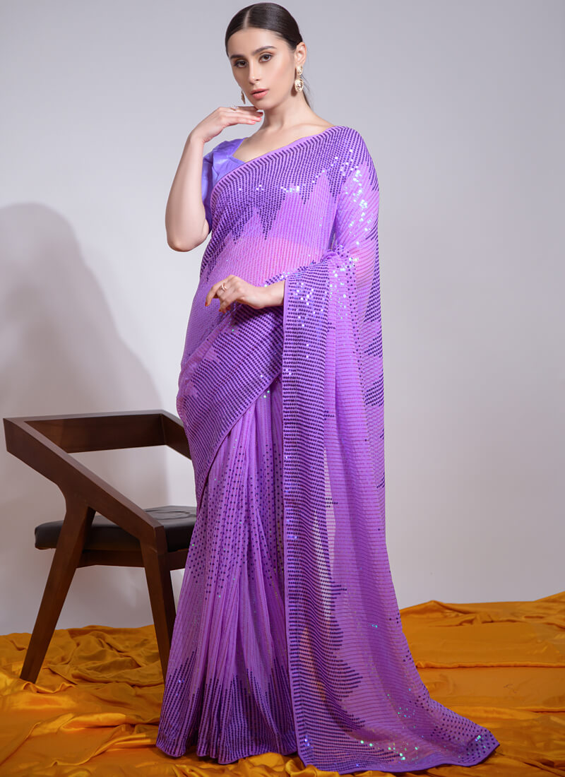 Purple Sequins Gerogette Party Wear Saree - nirshaa