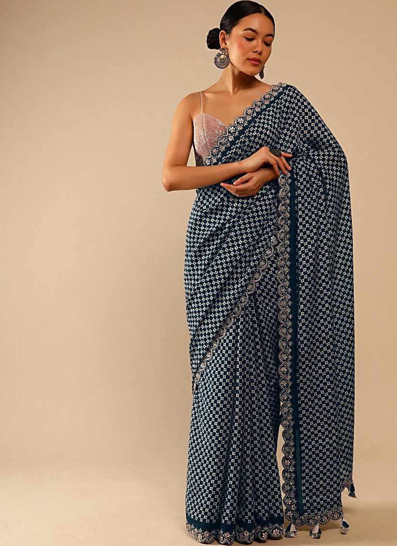 Stunning Navy Blue Georgette Printed Saree - nirshaa