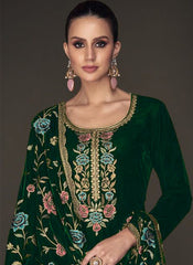 Dark Green Embroidered Party Wear Velvet Suit