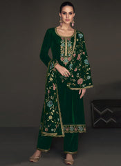 Dark Green Embroidered Party Wear Velvet Suit