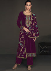 Purple Embroidered Party Wear Velvet Suit