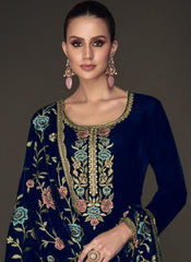 Navy Blue Embroidered Party Wear Velvet Suit