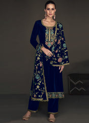 Navy Blue Embroidered Party Wear Velvet Suit