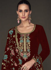 Maroon Embroidered Party Wear Velvet Suit