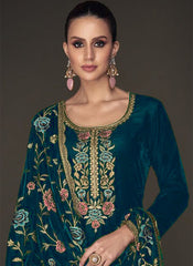 Turquoise Embroidered Party Wear Velvet Suit
