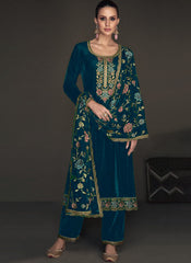 Turquoise Embroidered Party Wear Velvet Suit
