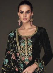 Black Embroidered Party Wear Velvet Suit