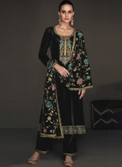 Black Embroidered Party Wear Velvet Suit