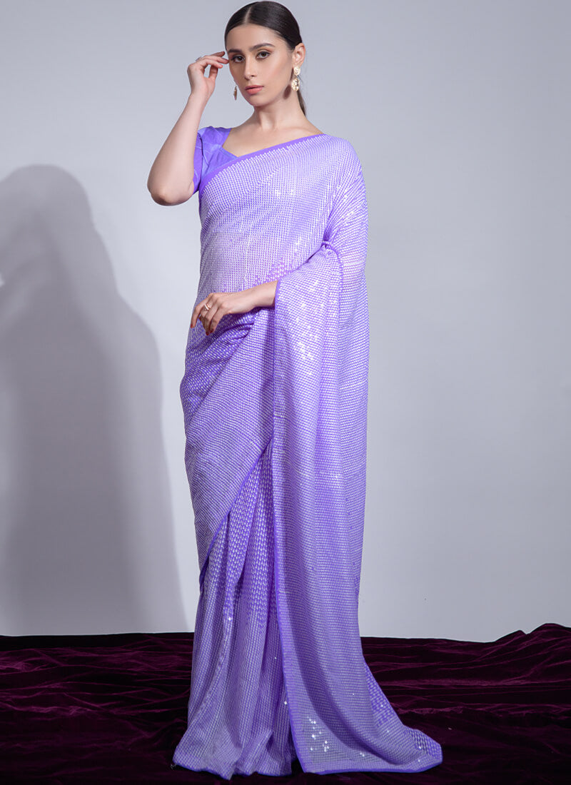 Purple Sequins Gerogette Party Wear Saree - nirshaa