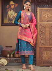 Blue and Peach Semi-Banarasi Silk Suit