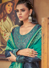 Navy Blue and Rama Green Semi-Banarasi Silk Suit