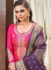 Pink and Purple Semi-Banarasi Silk Suit