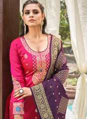 Pink and Purple Semi-Banarasi Silk Suit