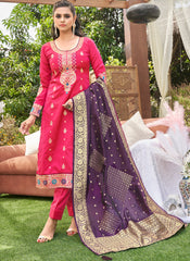 Pink and Purple Semi-Banarasi Silk Suit