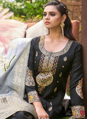 Black and Grey Semi-Banarasi Silk Suit