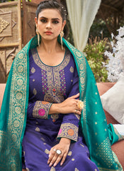 Violet and Firozi Semi-Banarasi Silk Suit