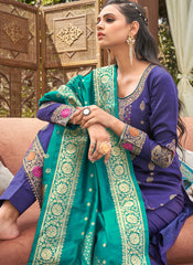 Violet and Firozi Semi-Banarasi Silk Suit