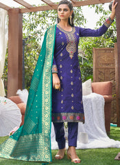 Violet and Firozi Semi-Banarasi Silk Suit