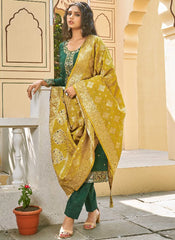 Green and Yellow Semi-Banarasi Silk Suit