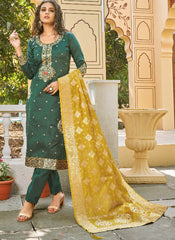 Green and Yellow Semi-Banarasi Silk Suit