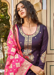 Purple and Pink Semi-Banarasi Silk Suit