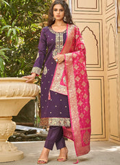 Purple and Pink Semi-Banarasi Silk Suit