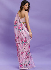 White and Pink Chinon Digital Printed Saree