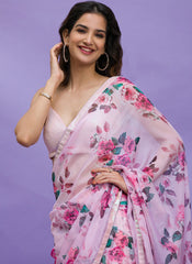 White and Pink Chinon Digital Printed Saree