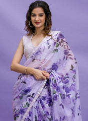 White and Purple Chinon Digital Printed Saree