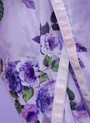 White and Purple Chinon Digital Printed Saree