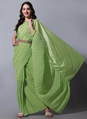 Green Pleated Chiffon Saree