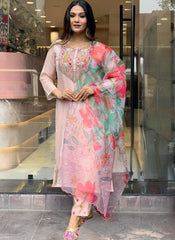 Pink Embroidered Crepe Straight Cut Suit